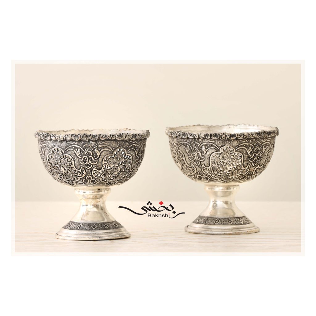 کاسه پایه دار شش تایی نقره قلم گل و مرغ و مشبک اعلا عیار 90