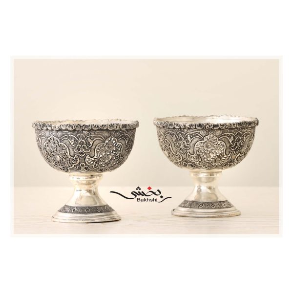 کاسه پایه دار شش تایی نقره قلم گل و مرغ و مشبک اعلا عیار 90