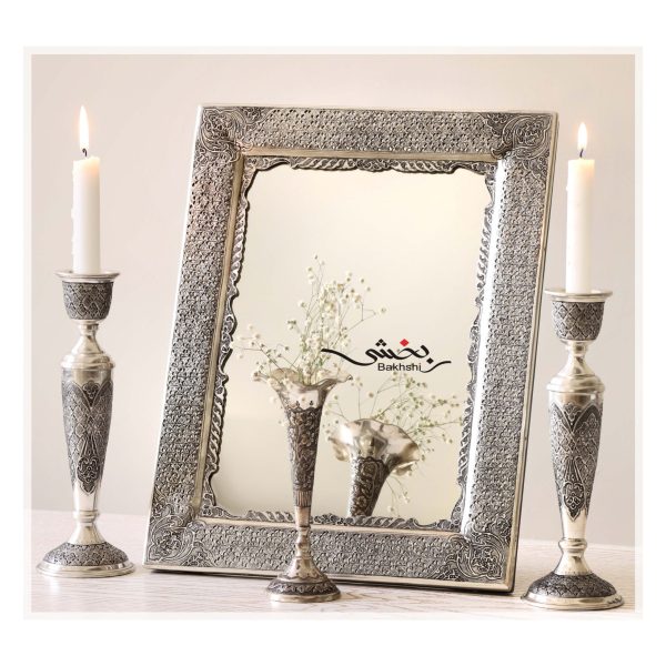 ست آینه و شمعدان قلم نخودی عیار 90