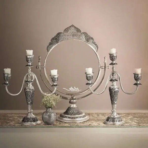 شمعدان نقره سه شاخه گل و مرغ ریز