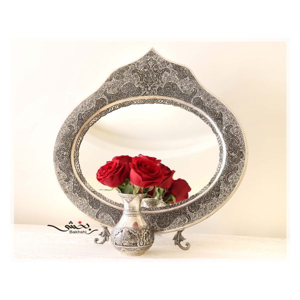 آینه بیضی تاجدار ریز قلم گل و مرغ مشبک اعلا عیار 90