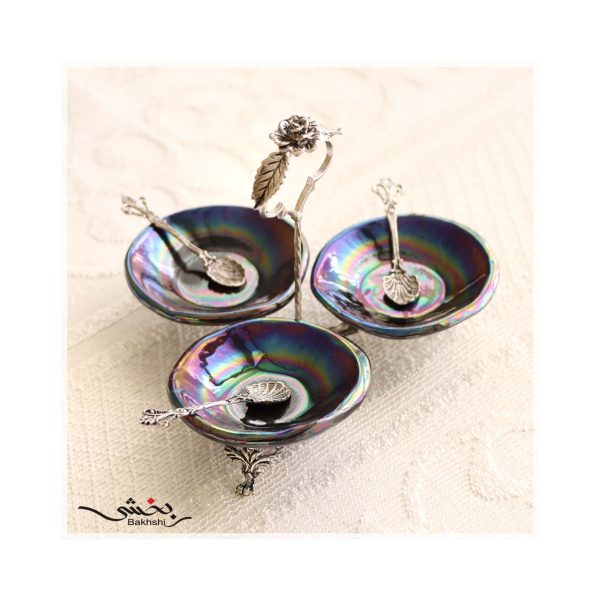 ظرف سرامیک و نقره سه قلو به همراه قاشق نقره عیار 92.5