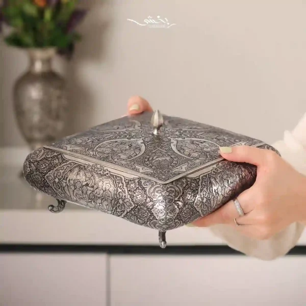 جعبه درب دار نقره قلم مینیاتور اعلا عیار 90
