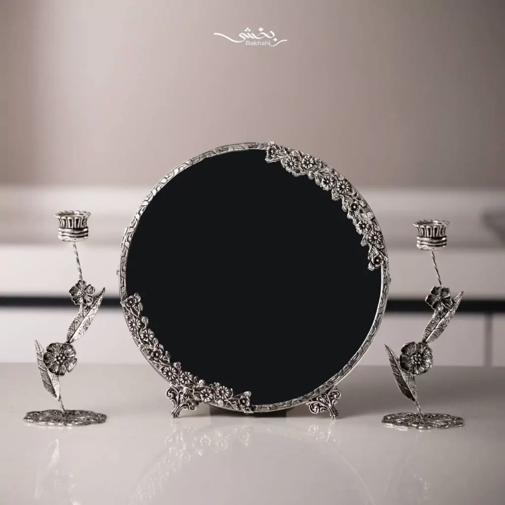 ست آینه و شمعدان نقره گرد شکوفه