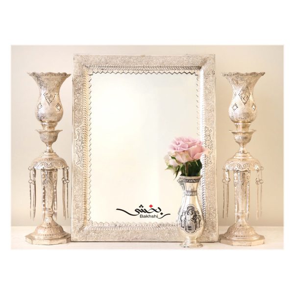 آینه و شمعدان لاله آویز دار نقره قلم گل و مرغ عیار 84
