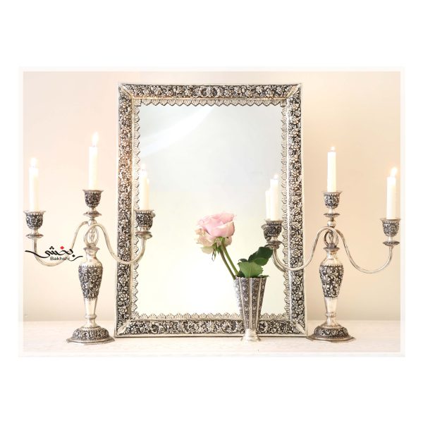آینه و شمعدان سه شاخه نقره قلم گل برجسته درجه یک عیار 90