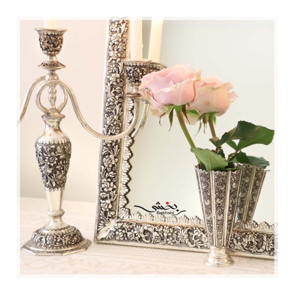 آینه و شمعدان سه شاخه نقره قلم گل برجسته درجه یک عیار 90
