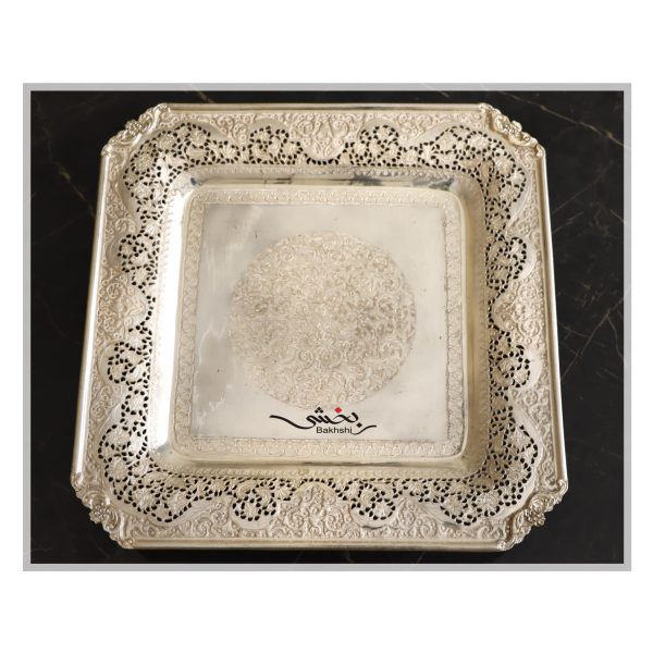 بشقاب مربع نقره قلم گل و مرغ و مشبک عیار 84