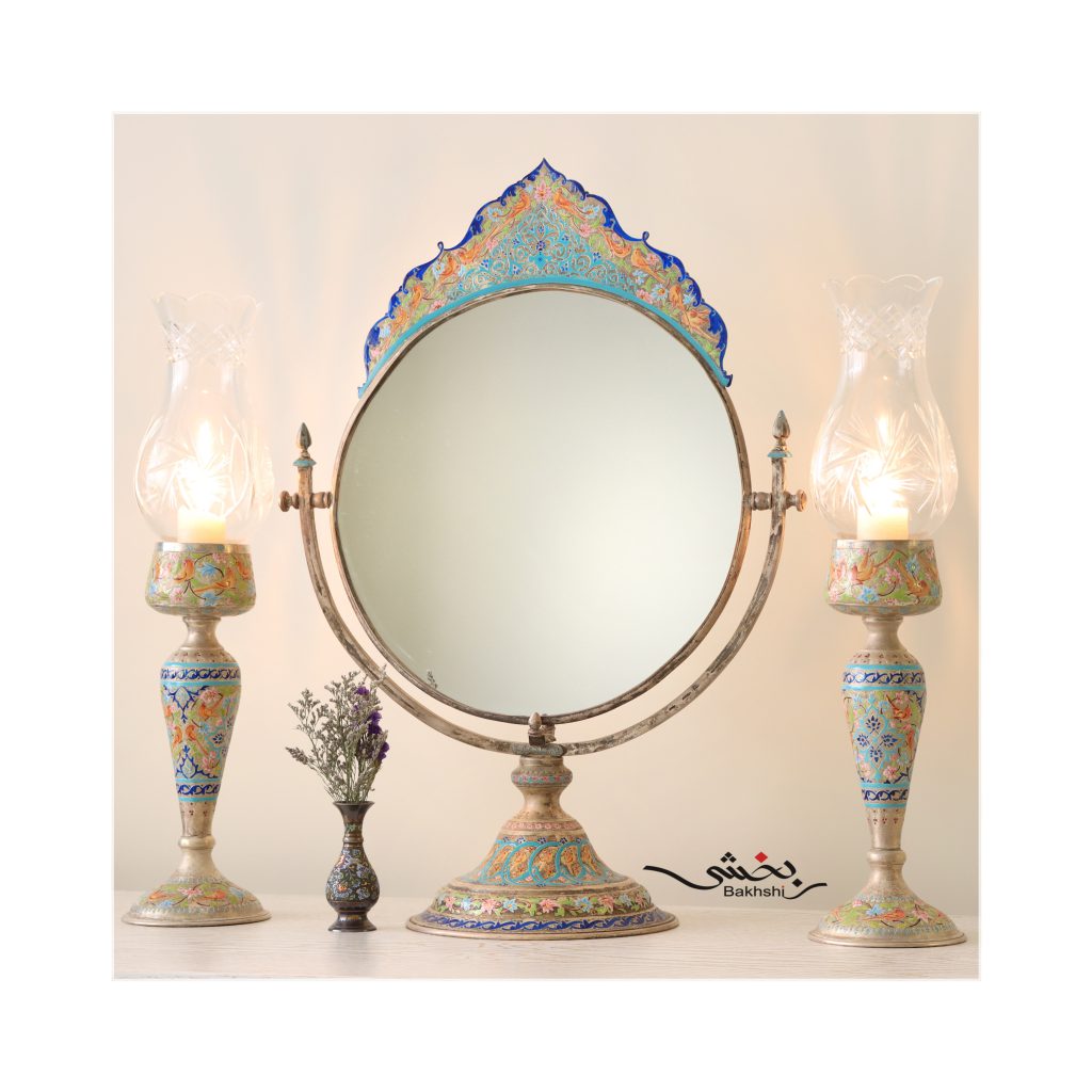 آینه گهواره ای و شمعدان لاله حباب خور قلم مینا کاری اعلا