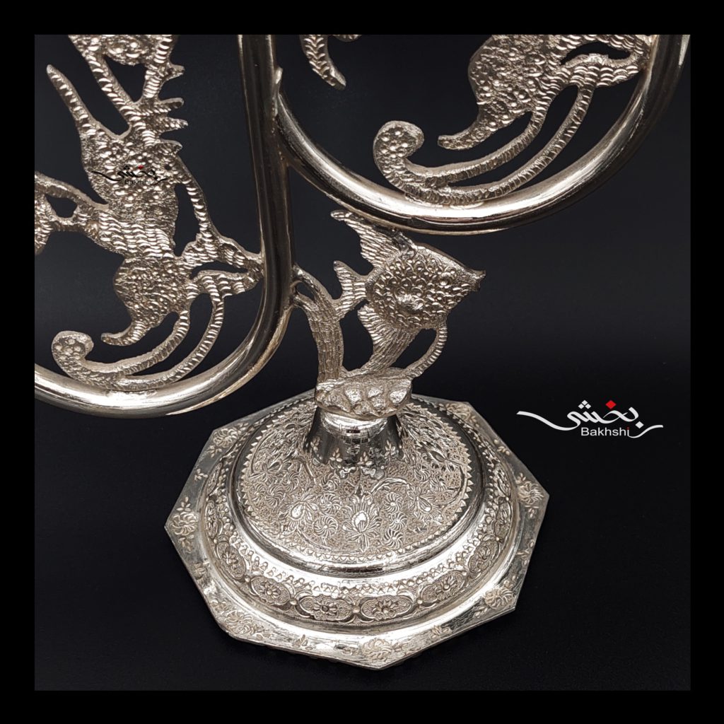 یک جفت شمعدان سه شاخه نقره ترنج عیار 84