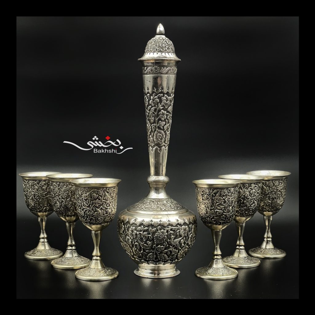 تنگ و شش عدد گیلاس نقره گل و مرغ درجه یک عیار 90