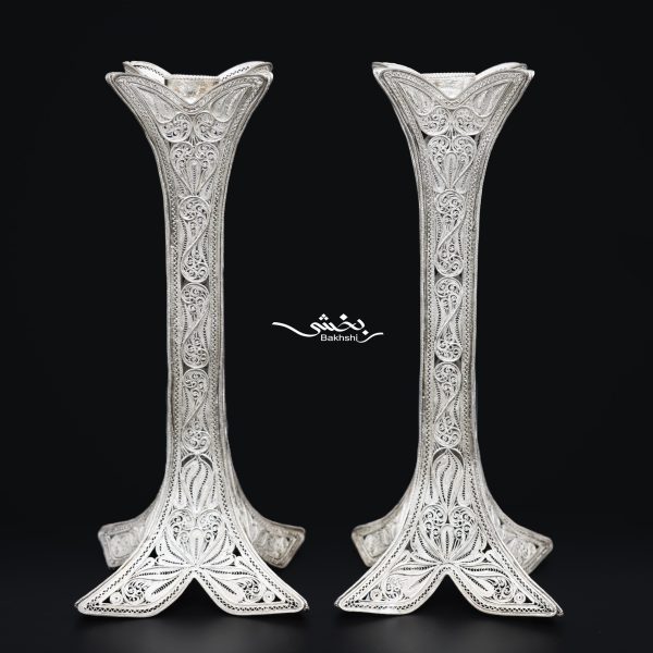 یک جفت شمعدان تک شاخه نقره ملیله زنجان عیار 99.9