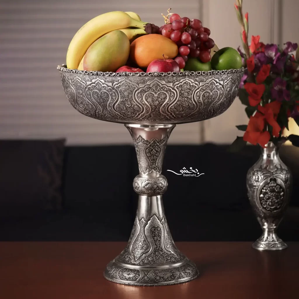 کاسه نقره پایه دار گل و مرغ اعلا