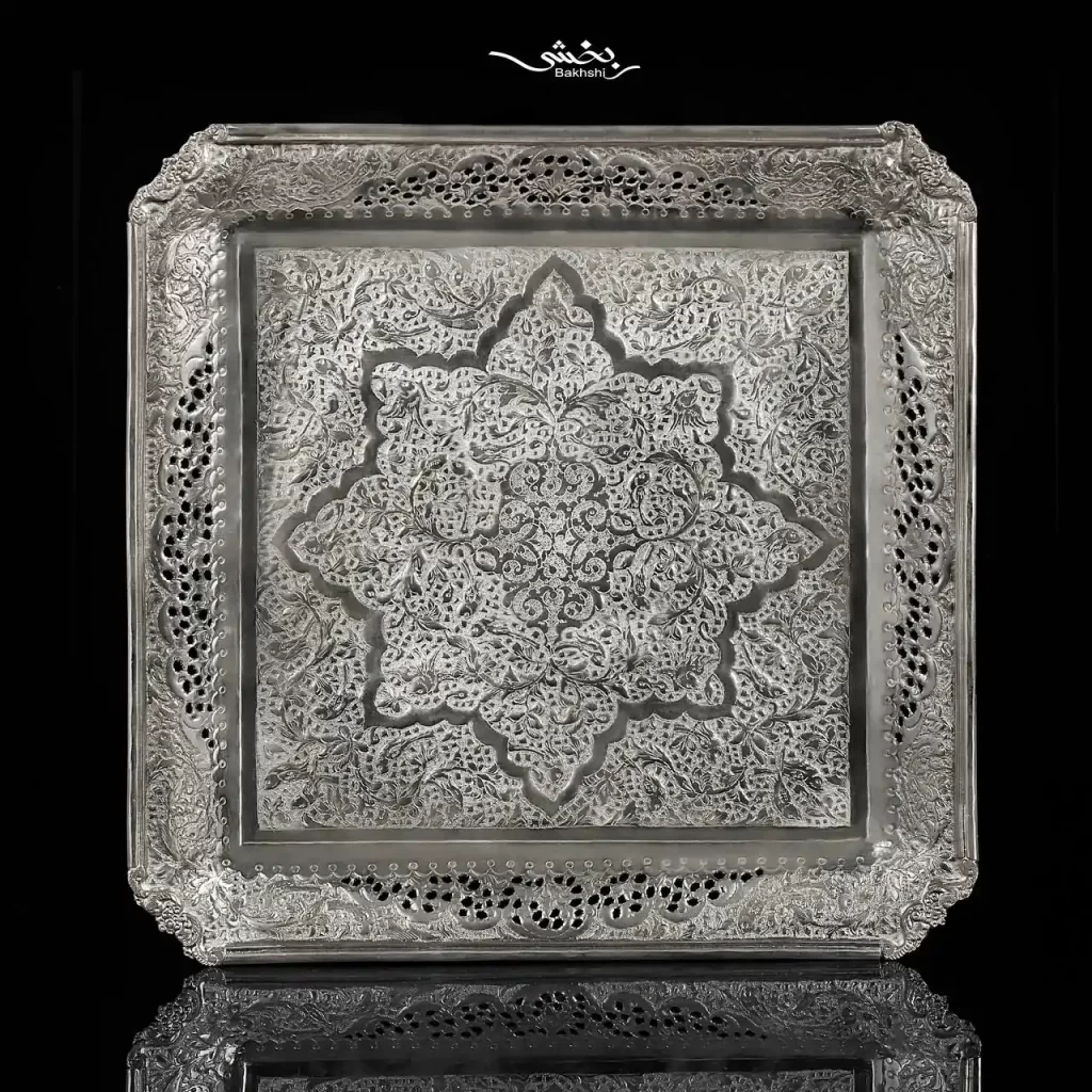 ست شیرینی خوری نقره قلم گل و مرغ