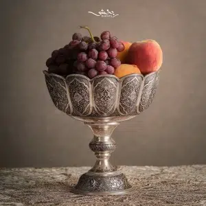 کاسه گرد نقره پایه بلند لب برگی گل و مرغ درجه یک