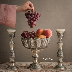 کاسه گرد نقره پایه بلند لب برگی گل و مرغ درجه یک