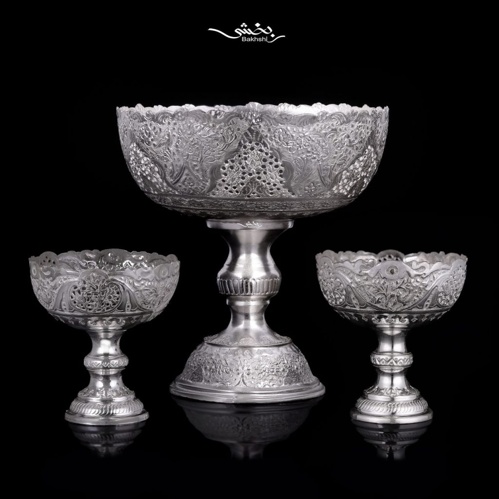خرید ست هفت پارچه کاسه پایه دار گل و مرغ در نقره بخشی