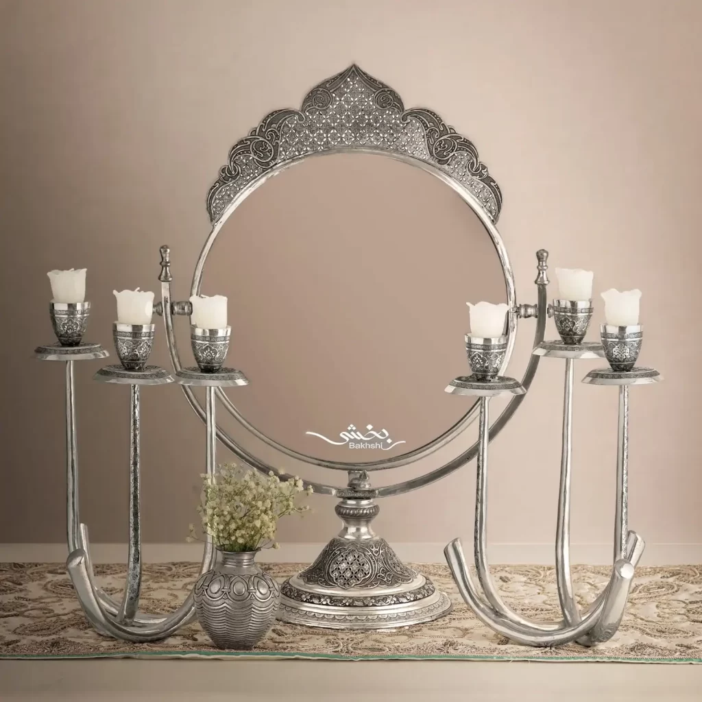 شمعدان نقره سه شاخه گل و مرغ ریز