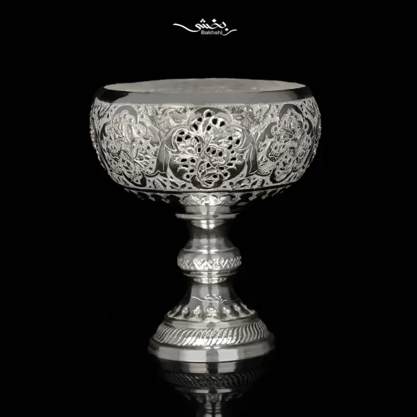 کاسه پایه دار نقره گل و مرغ