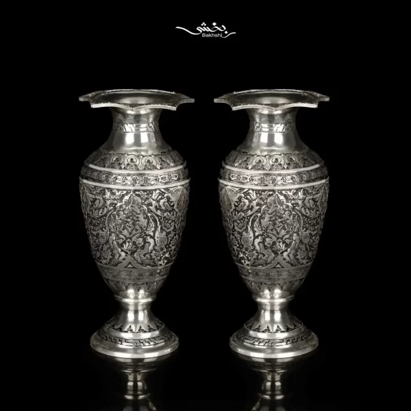 گلدان نقره شکم دار گل و مرغ