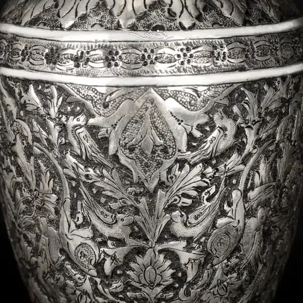 خرید گلدان نقره شکم دار گل و مرغ