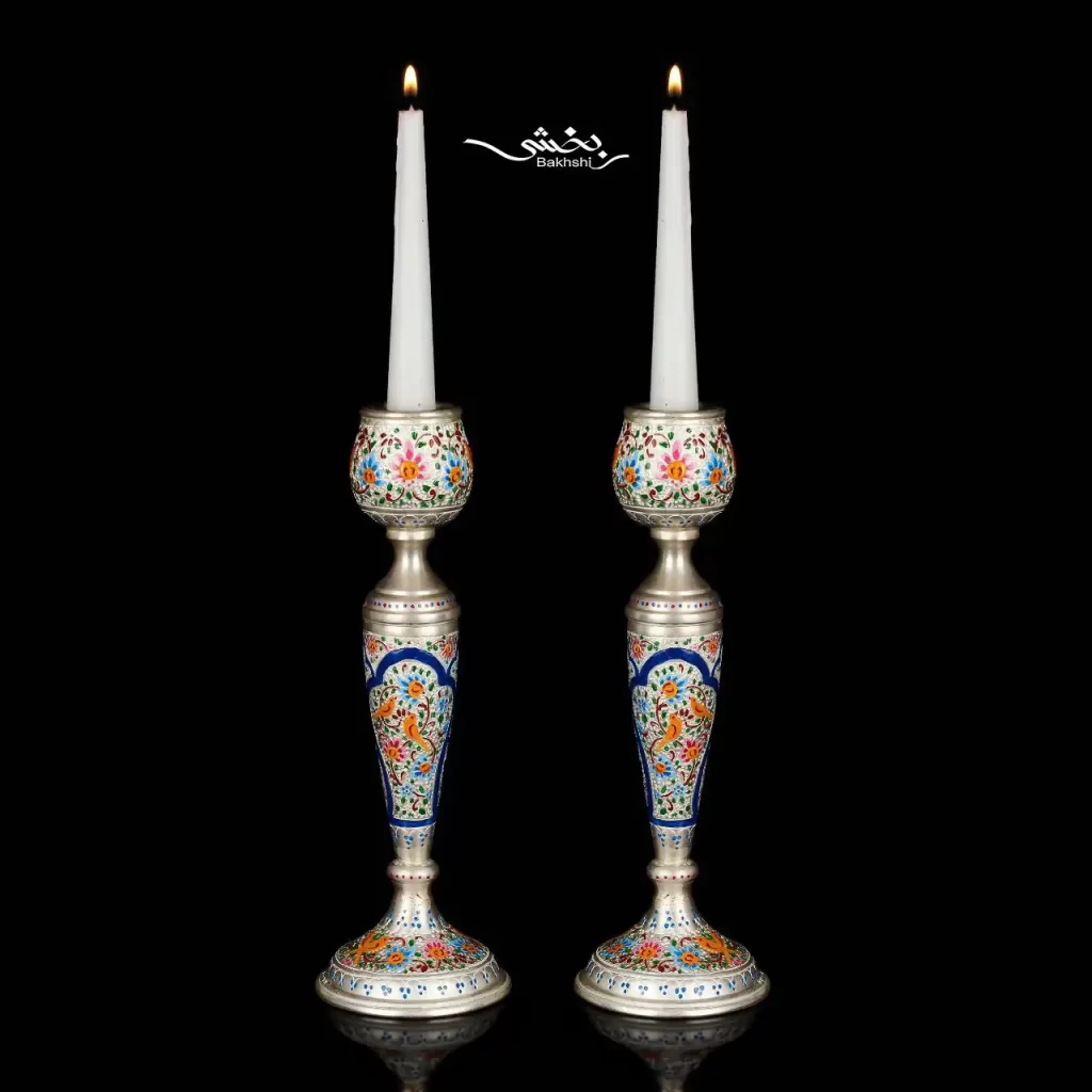 شمعدان نقره تک شاخه میناکاری