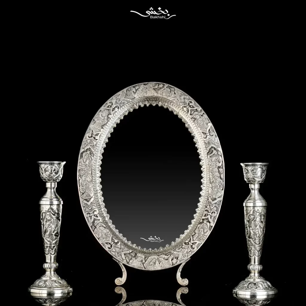 آینه نقره بیضی قلم مینیاتور
