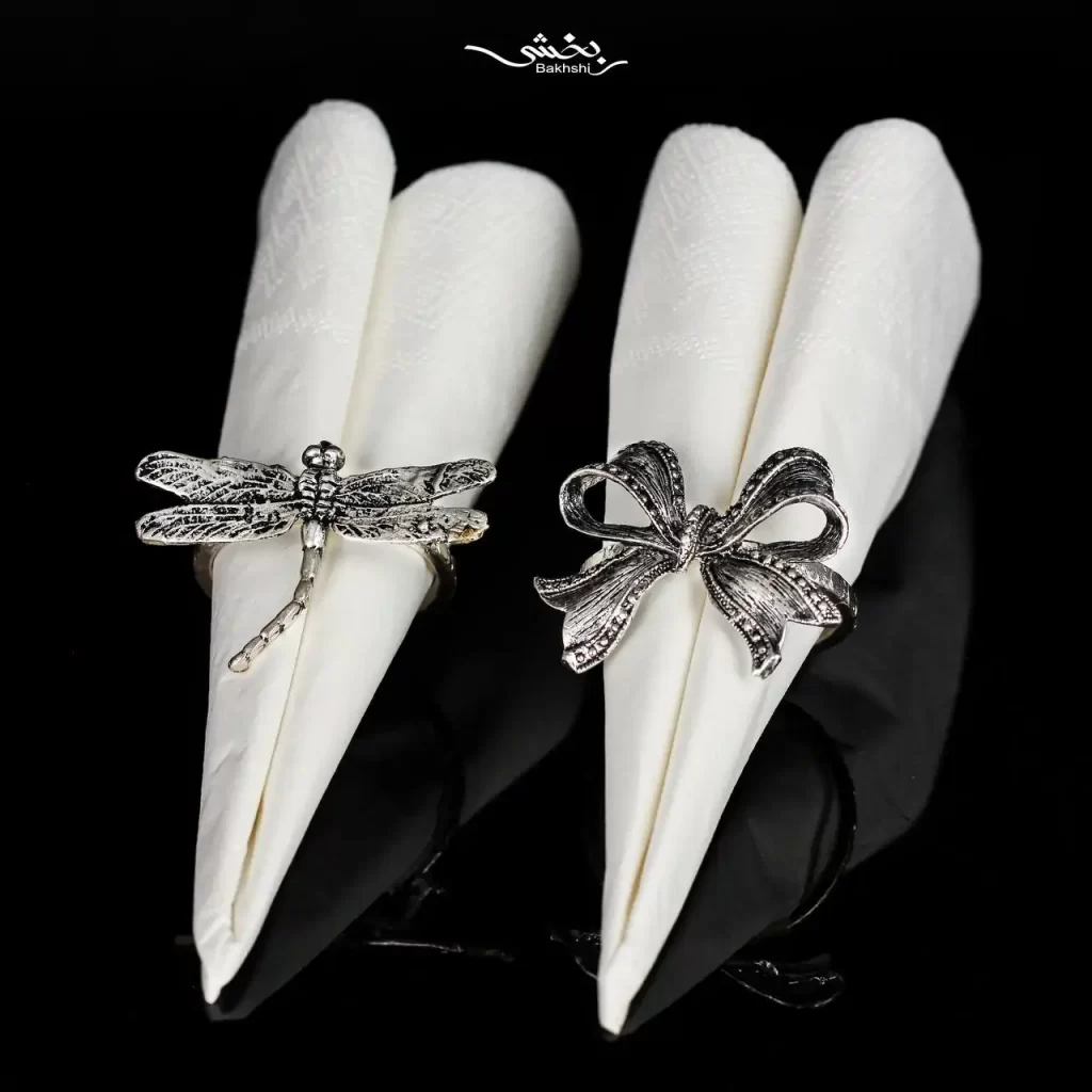 حلقه دستمال نقره پاپیون و سنجاقک