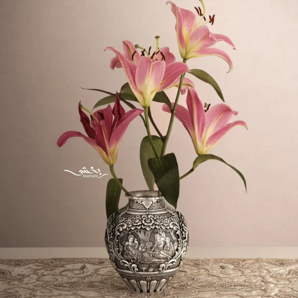 گلدان نقره خمره ای مینیاتور و گل برجسته اعلا