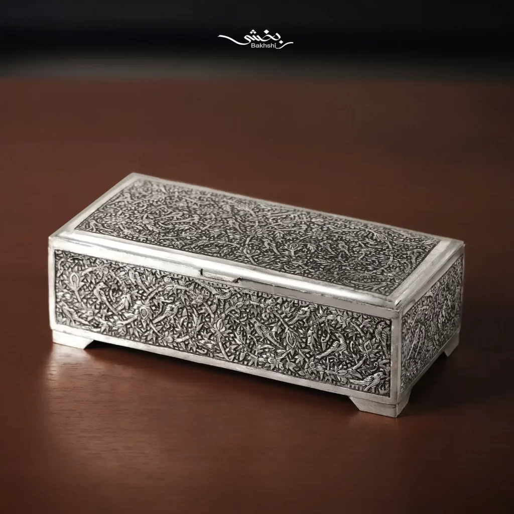 جعبه نقره مستطیل گل و مرغ درجه یک