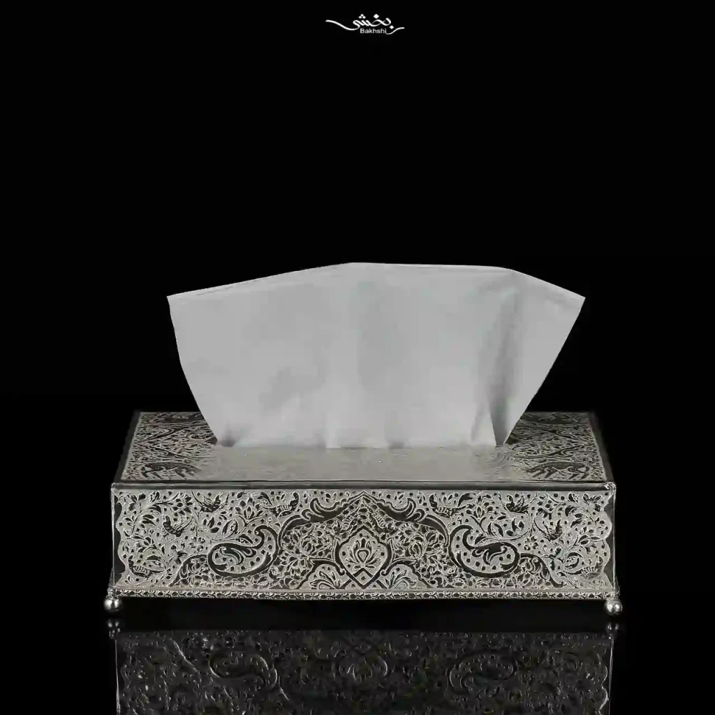 جعبه دستمال کاغذی نقره قلم گل و مرغ