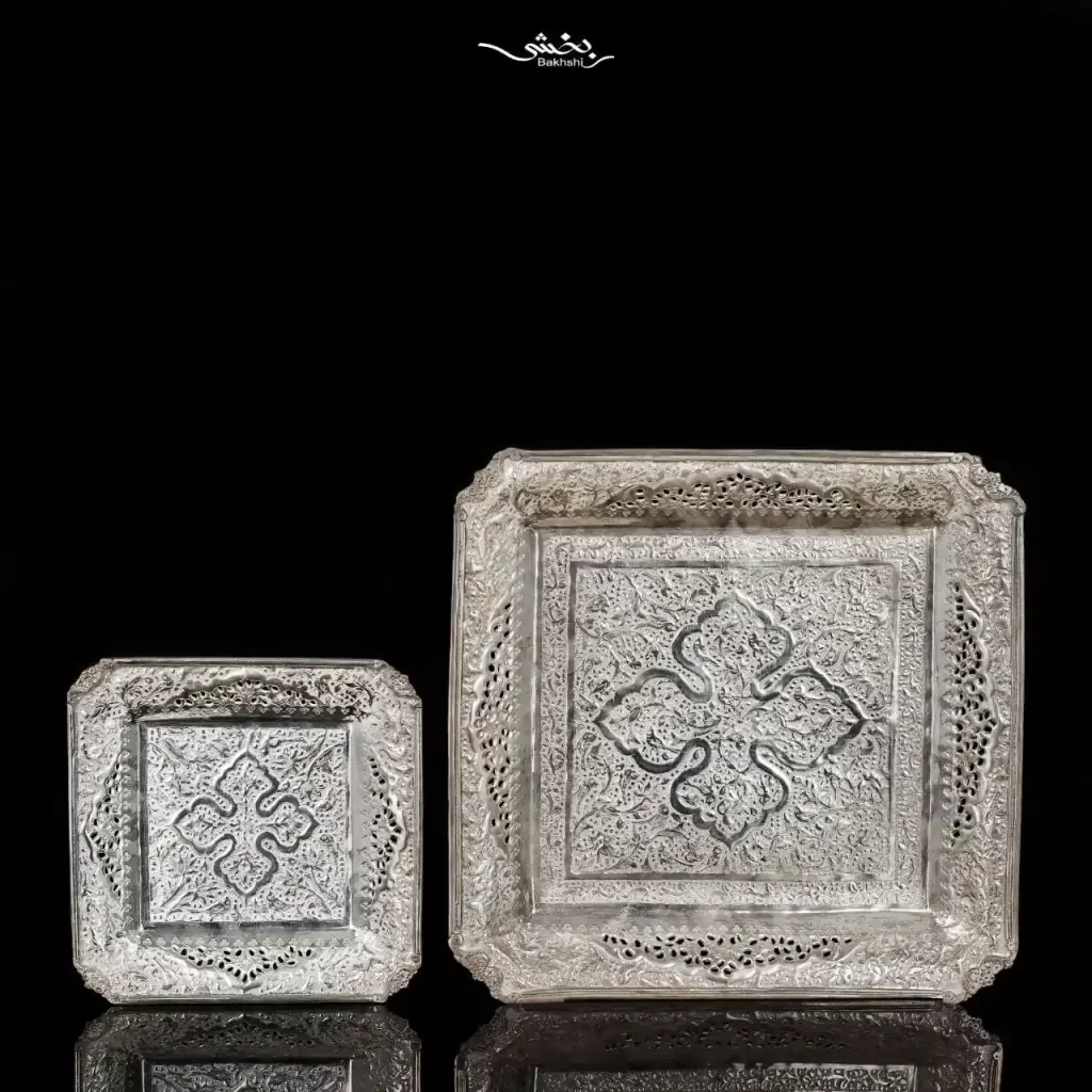 ست هفت پارچه مربعی نقره قلم گل و مرغ