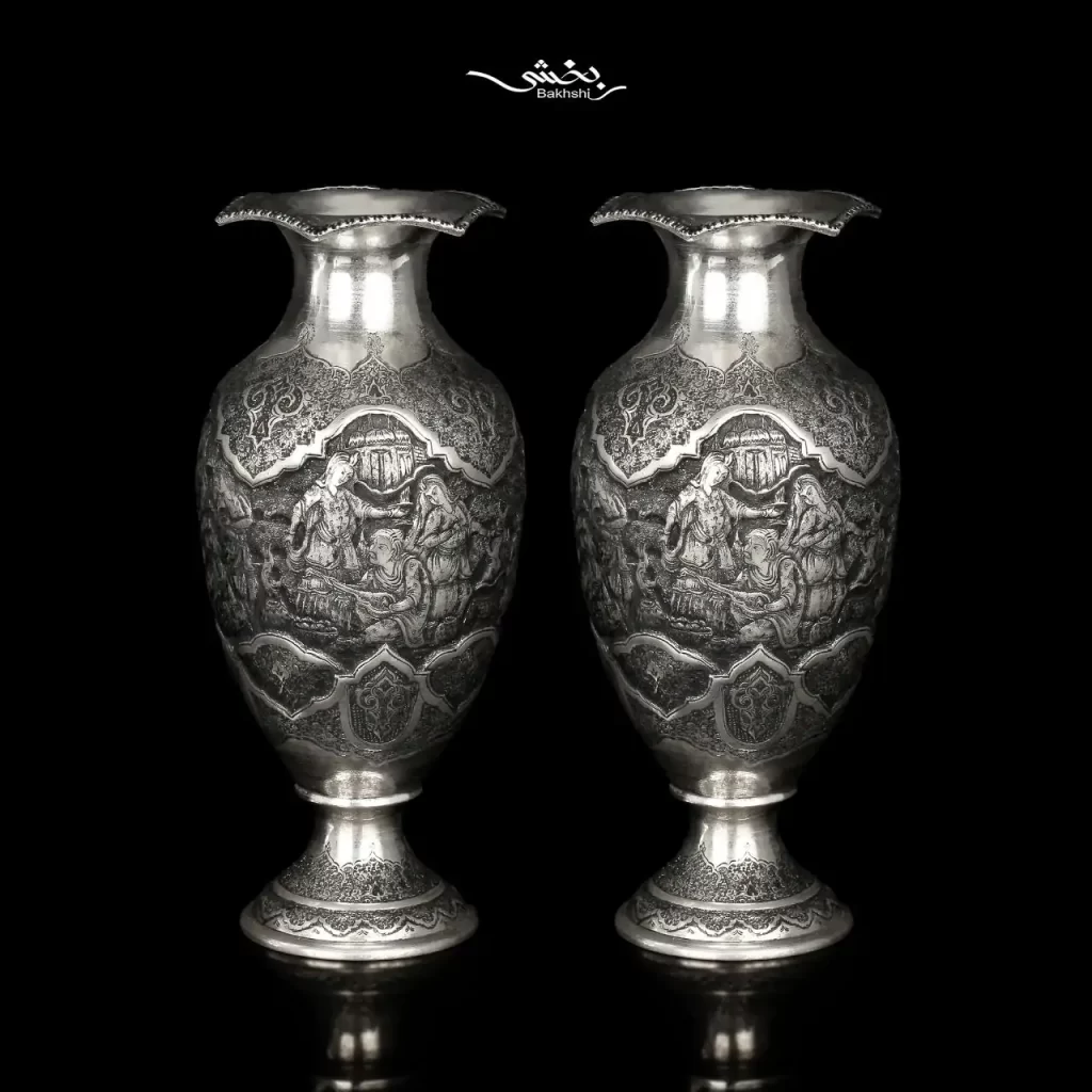 گلدان نقره شکم دار قلم مینیاتور