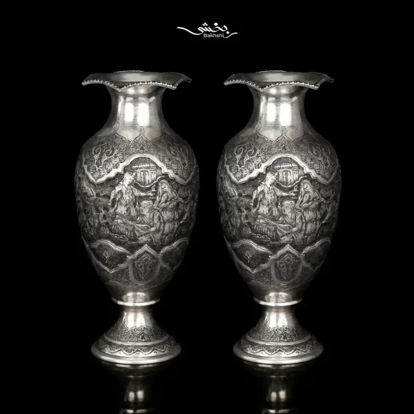 گلدان نقره شکم دار قلم مینیاتور