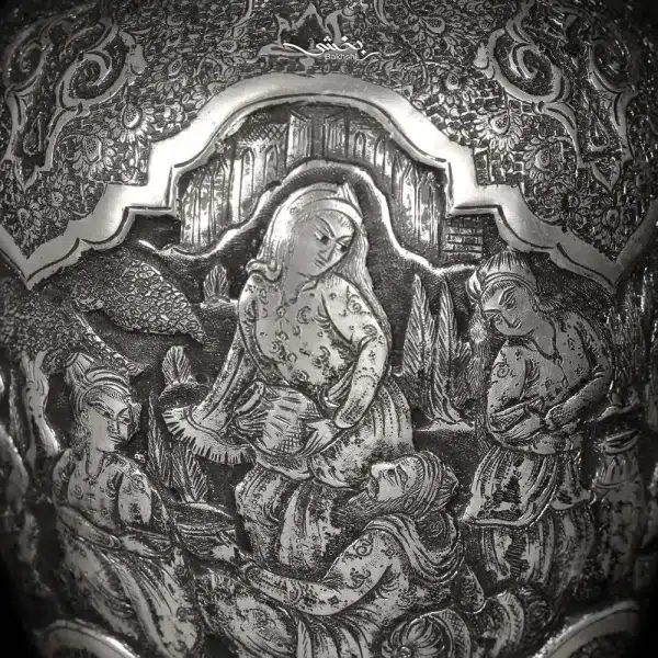 گلدان نقره شکم دار قلم مینیاتور در نقره بخشی