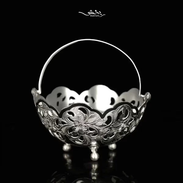 سبد نقره پایه گلوله ای دسته دار قلم تبریز
