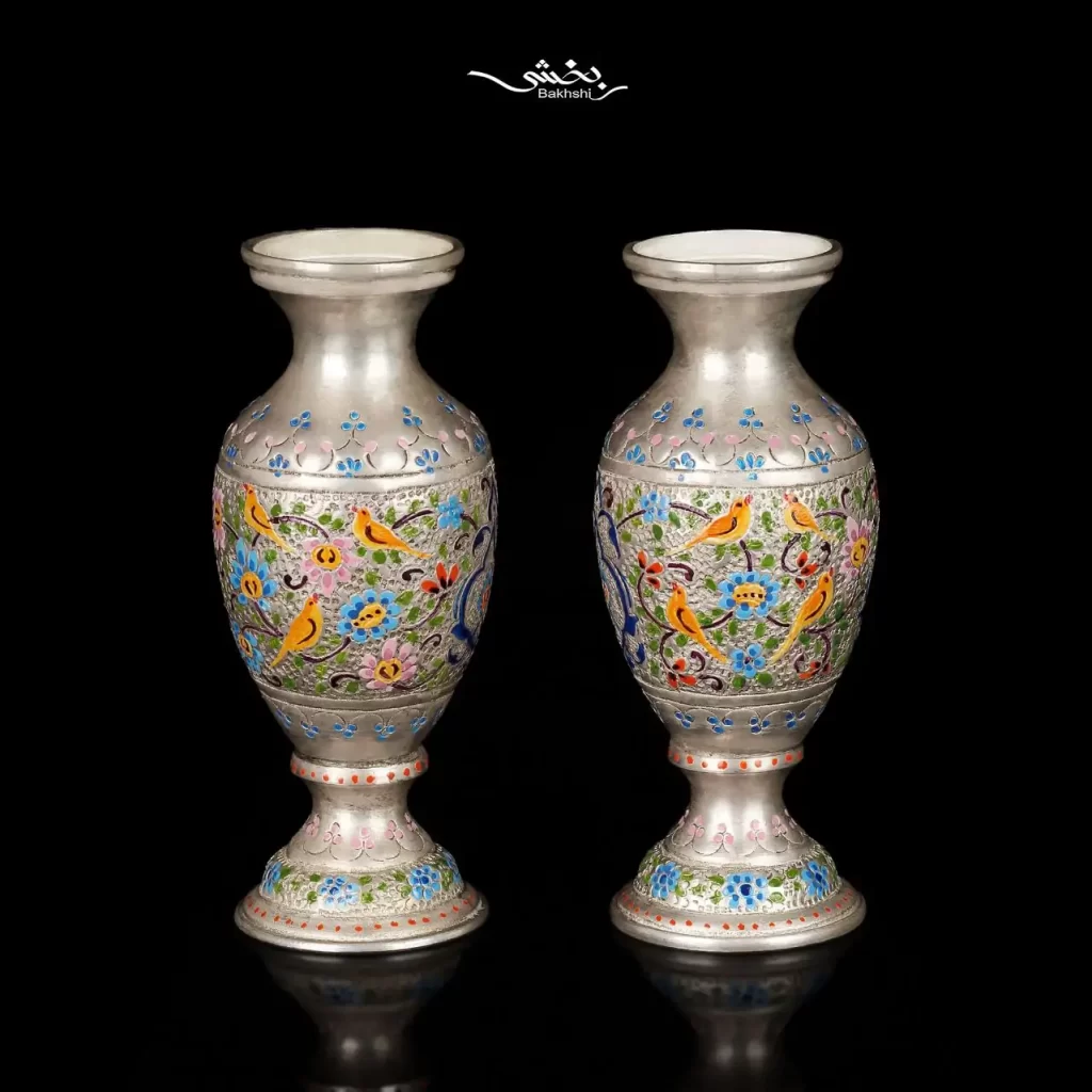 گلدان نقره میناکاری شکم دار در نقره بخشی