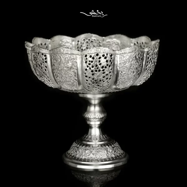 کاسه نقره پایه دار گل و مرغ