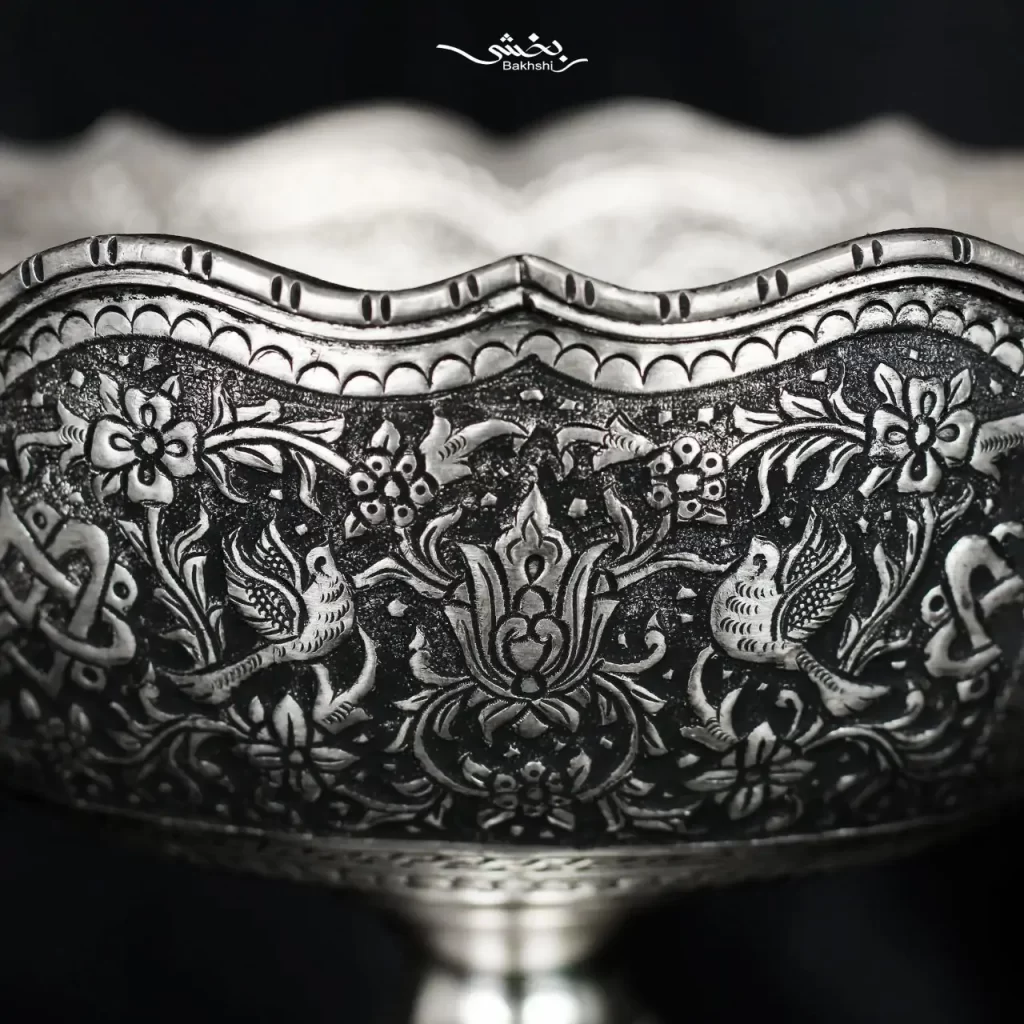 کاسه نقره پایه دار گل و مرغ درجه یک