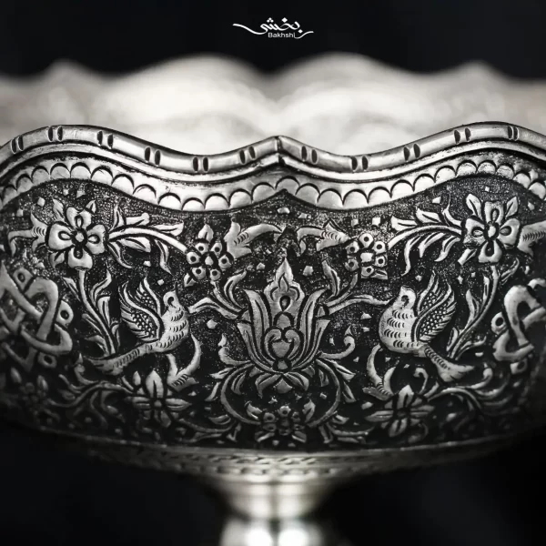 کاسه نقره پایه دار گل و مرغ درجه یک
