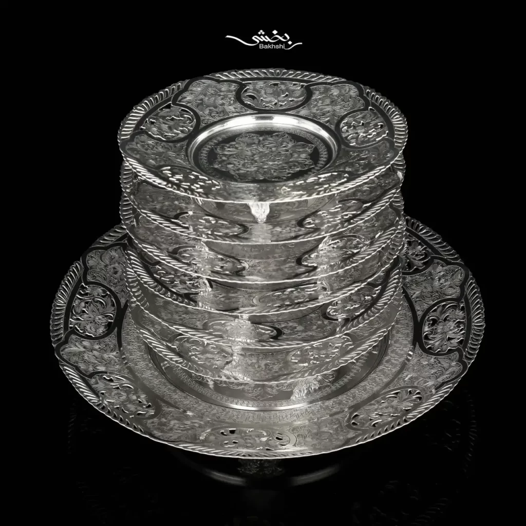 ست بشقاب نقره هفت پارچه گرد قلم تبریز در نقره بخشی