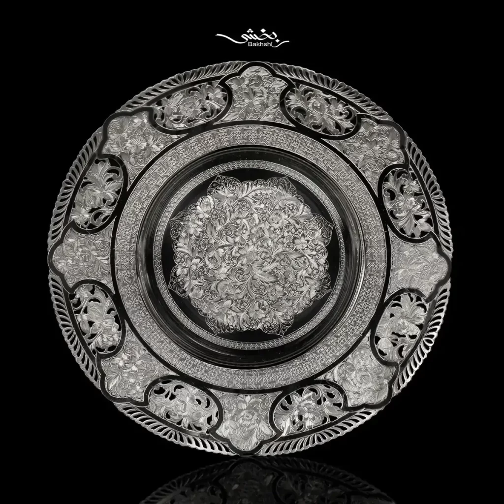 بشقاب نقره گرد بزرگ قلم تبریز