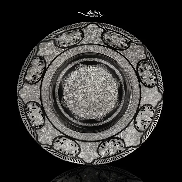 بشقاب نقره گرد بزرگ قلم تبریز