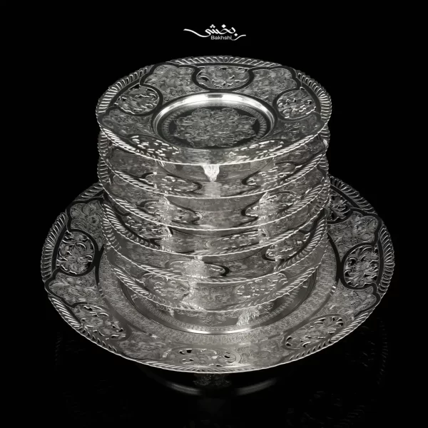 ست بشقاب نقره هفت پارچه گرد قلم تبریز در نقره بخشی