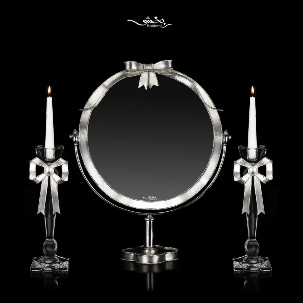 آینه نقره گهواره ای گرد و شمعدان پاپیون