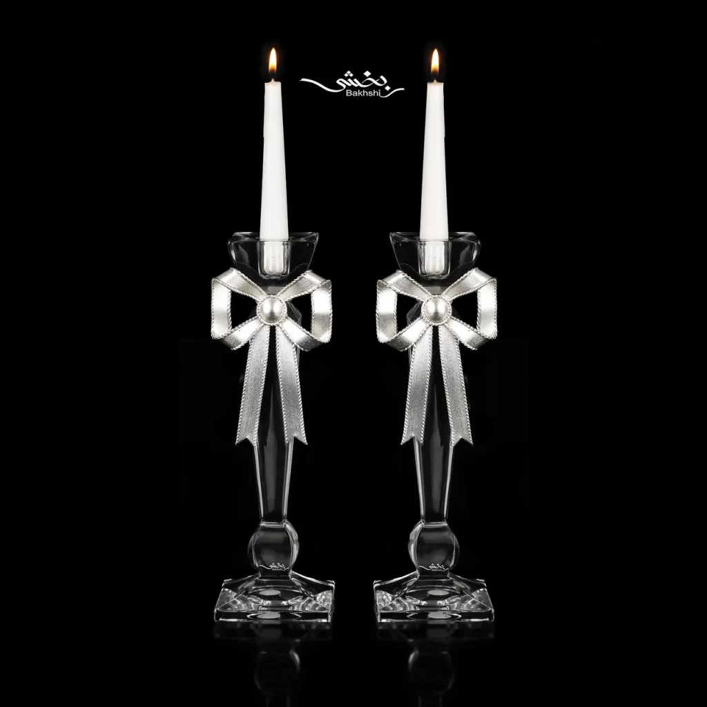 آینه نقره گهواره ای بیضی و شمعدان پاپیون