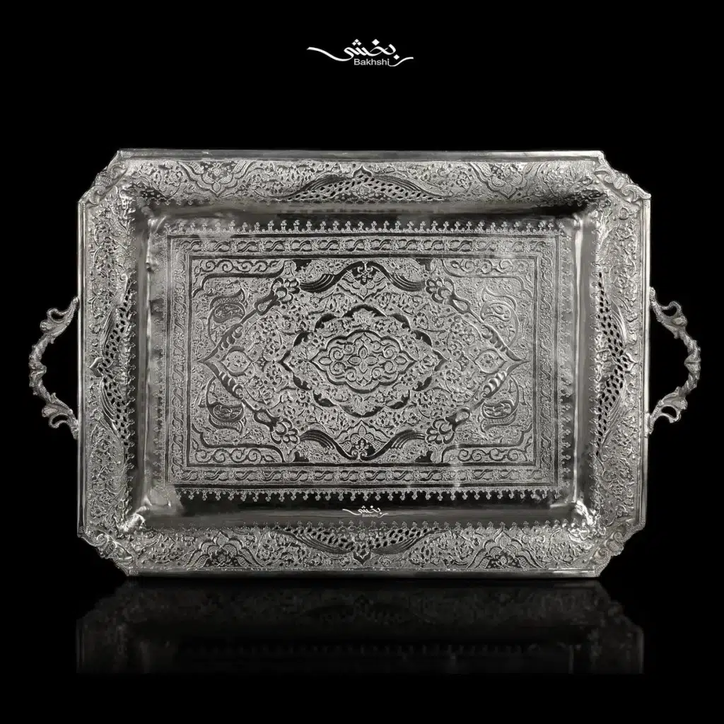 سینی نقره مستطیل دسته دار قلم گل و مرغ