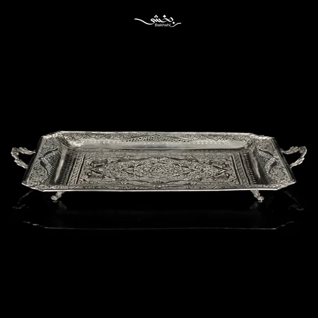 خرید سینی نقره مستطیل دسته دار قلم گل و مرغ