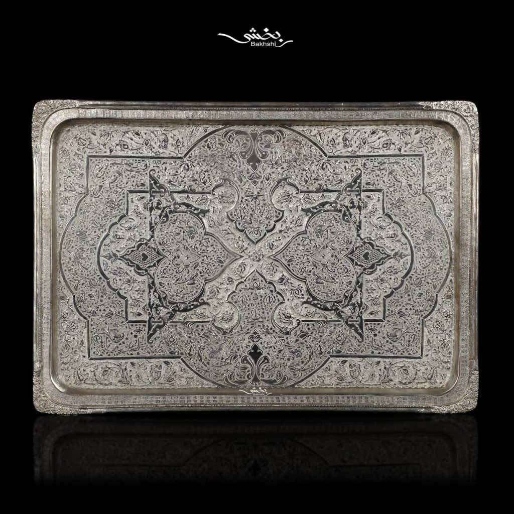 سینی نقره مستطیل قلم گل و مرغ موجود در شعب حضوری و سایت نقره بخشی