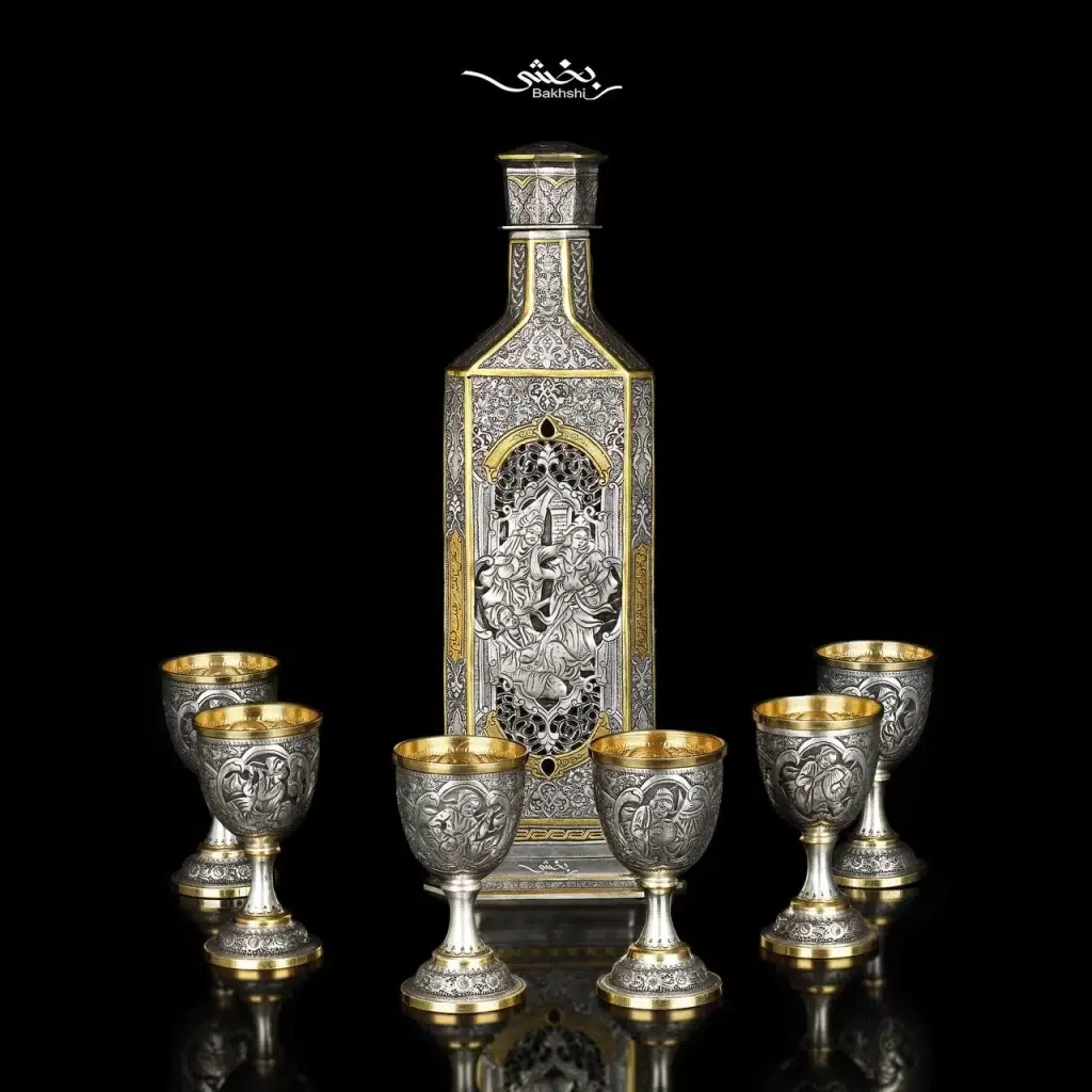 ست شربت خوری و جام نقره مینیاتور ریزقلم اعلا مطلا